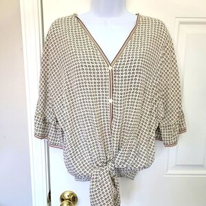 Max Studio Rayon V Neck Ruffle Sleeve Cream Black Floral Tie Front Blouse M